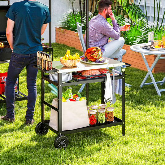 Outsunny BBQ Trolley with Stainless Steel Top Adjustable Shelf, Outdoor Kitchen BBQ Station with Hooks Seasoning Tray Towel Rack, Pizza Oven Table Movable Outdoor Grill Dining Cart with Cover, Black