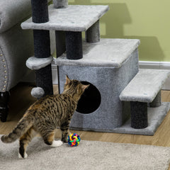 PawHut Adjustable Cat Steps, with House & Hanging Toy Ball - Grey