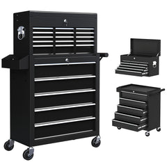 HOMCOM 19 Drawer, Two-Part Tool Storage Chest on Wheels - Black