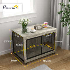 PawHut Dog Crate Furniture with Wheels, Double Doors, for Large Dogs, 100 x 60 x 73.5cm, Grey