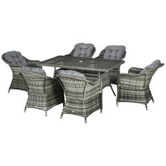 Outsunny 6 Seater Rattan Dining Set with Seat and Back Cushions, PE Rattan Garden Furniture Set, Outdoor Dining Table and Chairs, Rectangular Glass Top Table with Umbrella Hole, Grey