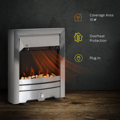 HOMCOM 2KW Stainless Steel Electric Fireplace Pebble Burning Effect Heater Fire Flame Indoor Stove LED Lighting