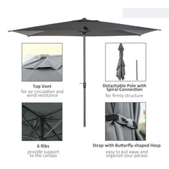 Outsunny 3 x 2m Garden Parasol Umbrella, Outdoor Market Table Umbrella with Aluminium Pole & Crank, Rectangular Tilting Parasol Sun Shade Canopy, Grey