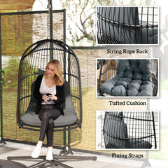 Outsunny Hanging Egg Chair Outdoor Indoor Rattan Swing Chair with Installation Kit, Foldable Garden Hanging Seat with Thickened Cushion, Headrest, Dark Grey