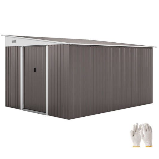 Outsunny 11.3 x 9.2ft Lean to Metal Garden Shed, Outdoor Galvanised Tool Storage House with Double Sliding Doors and 2 Air Vents, Grey