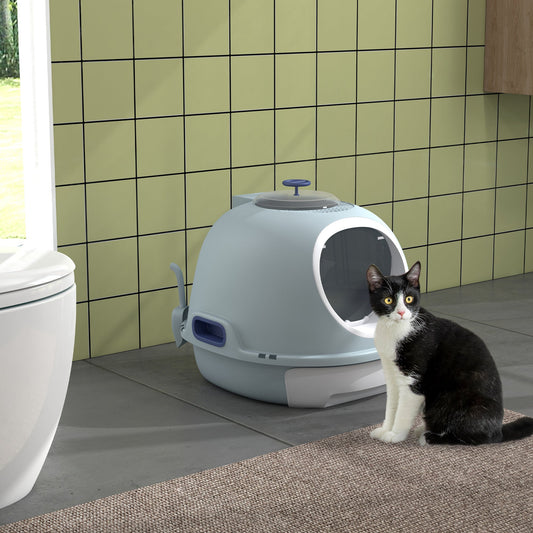 PawHut Cat Litter Box Toilet with Litter Scoop Enclosed Drawer, Front Entry Top Exit, Easy To Clean Blue