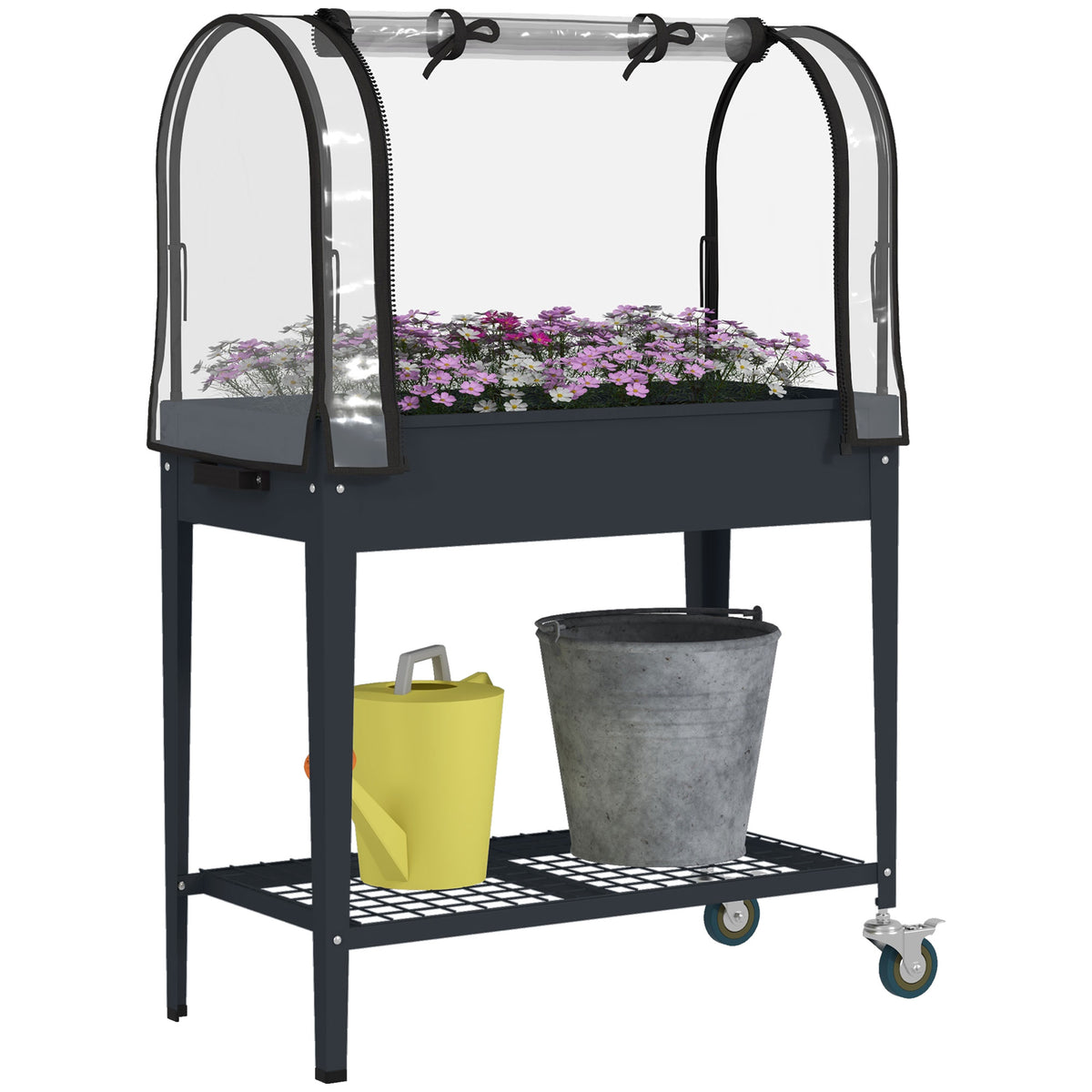 Outsunny Raised Planter with Greenhouse Cover, Mobile Elevated Garden Bed with Wheels and Bottom Shelf for Vegetables, Dark Grey