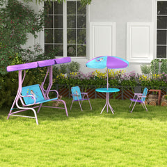 Outsunny 4PCs Kids Garden Furniture Set w/ 2 Seater Garden Swing Chair with Adjustable Canopy, Childrens Table and Chair Set with Parasol, for Toddler Girls 3-6 Years Old