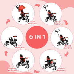 HOMCOM Metal Frame 6 in 1 Baby Push Tricycle with Parent Handle for 1-5 Years Old, Red