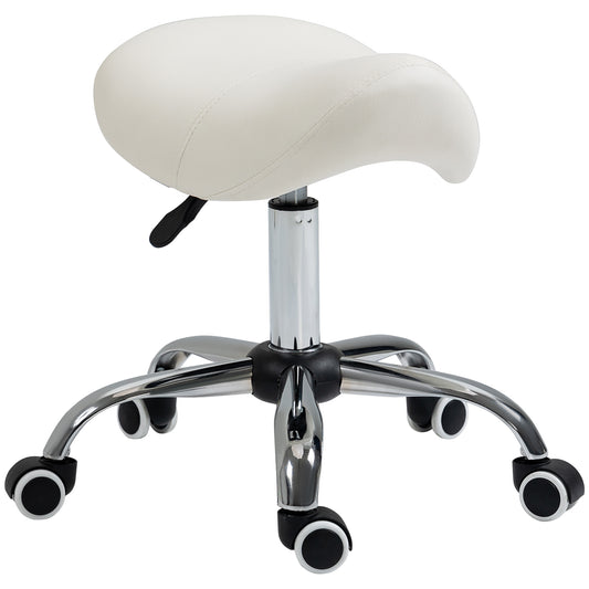 HOMCOM Cosmetic Stool 360√Ç¬∞ Rotate Height Adjustable Salon Massage Spa Chair Hydraulic Rolling Faux Leather Saddle Stool, Cream