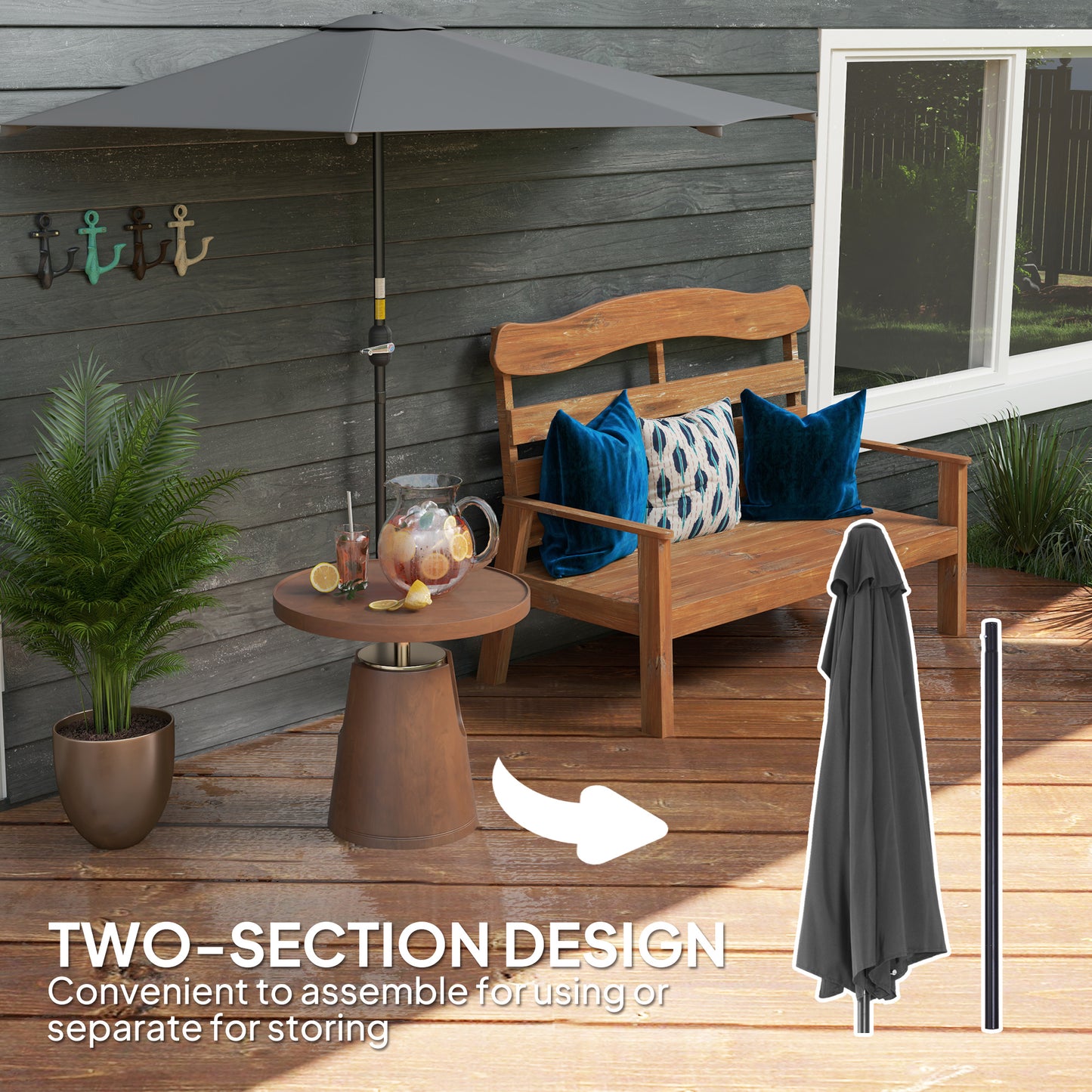 Outsunny 3(m) Half Parasol, Semi Round Umbrella with Metal Frame, Crank Handle for Balcony, Garden, Dark Grey