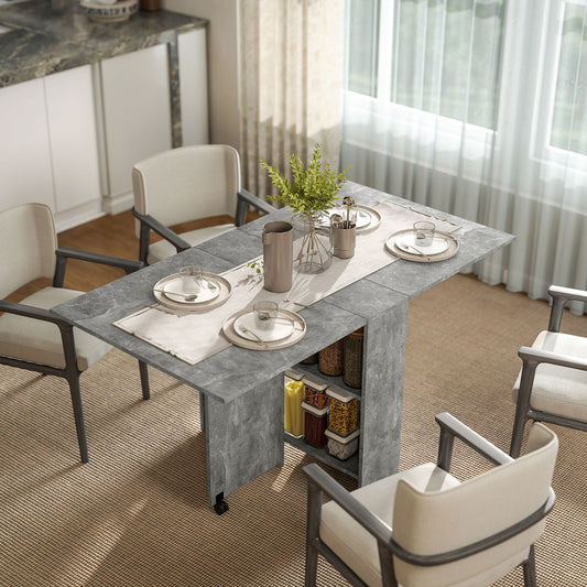 HOMCOM Folding Dining Table, Drop Leaf Table with 2-Tier Shelves, Rolling Casters, for Small Spaces, Kitchen, Cement Grey