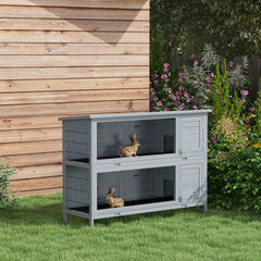 PawHut Rabbit Hutch Outdoor Guinea Pig Hutch Bunny Cage with No-Leak Trays, Divider, 136 x 50 x 93cm, Grey