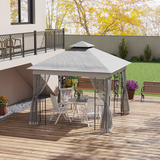 Outsunny 3(m) x 3(m) Double Roof Outdoor Garden Gazebo Canopy Shelter with Netting, Solid Steel Frame, Light Grey