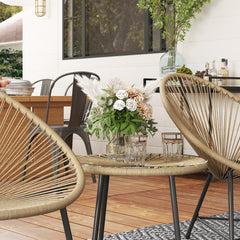 Outsunny 3 Pieces Rattan Bistro Set, Garden Bistro Set with Acapulco Chairs and Glass Top Table, Small Garden Furniture Set with Reinforced Metal Frame for Outdoor, Patio, Balcony, Natural