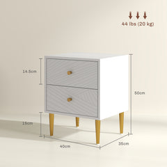 HOMCOM Elegant Two-Drawer Bedside Table - White/Gold-Tone