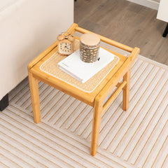 Rattan Top Bamboo Vanity Stool with Anti-slip Foot Pads-Natural