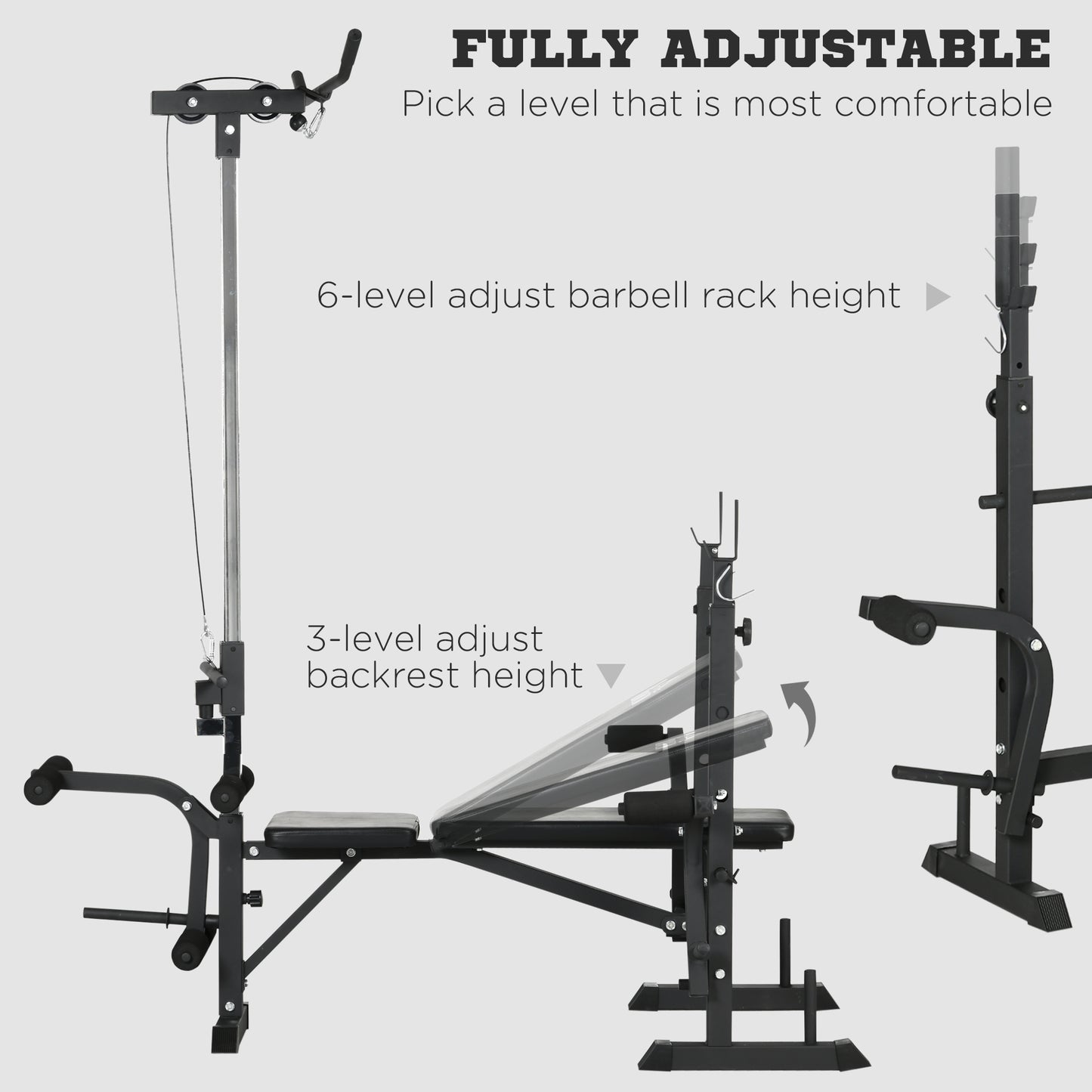HOMCOM Adjustable Weight Bench with Pulley System, Incline Bench Press Set with Squat Rack, Leg Developer, Butterfly and Weight Storage, for Home Gym Full Body Workout