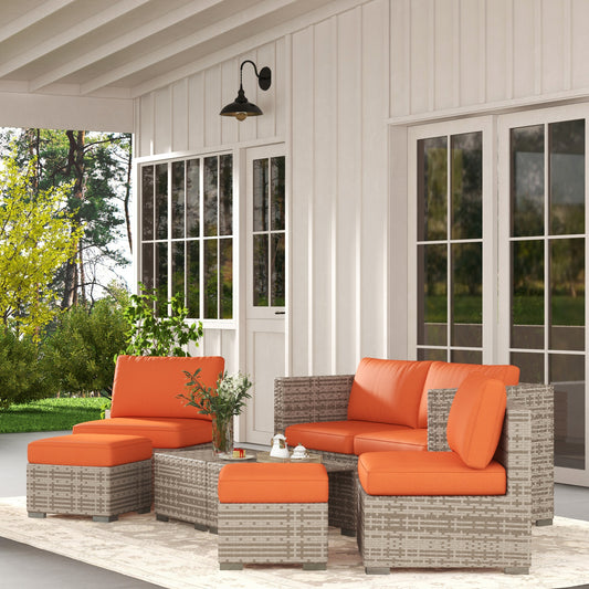 Outsunny Eight-Piece Rattan Garden Set, with Contrast Cushions - Orange/Grey