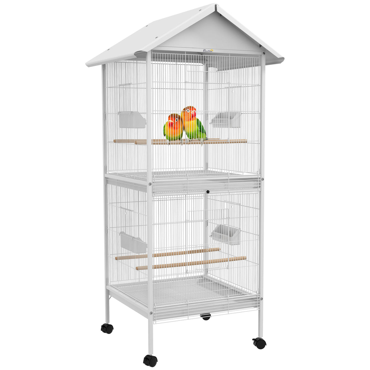 PawHut Budgie Cage with Rolling Stand, Perches, Wheels, Large Parrot Cage for Finch, Canary, Budgie, Cockatiel, White