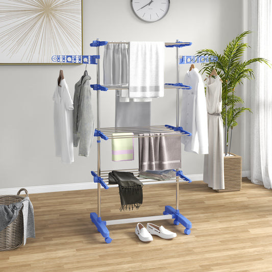 HOMCOM Four-Shelf Collapsing Clothes Horse, With Side Arms and Wheels - Blue