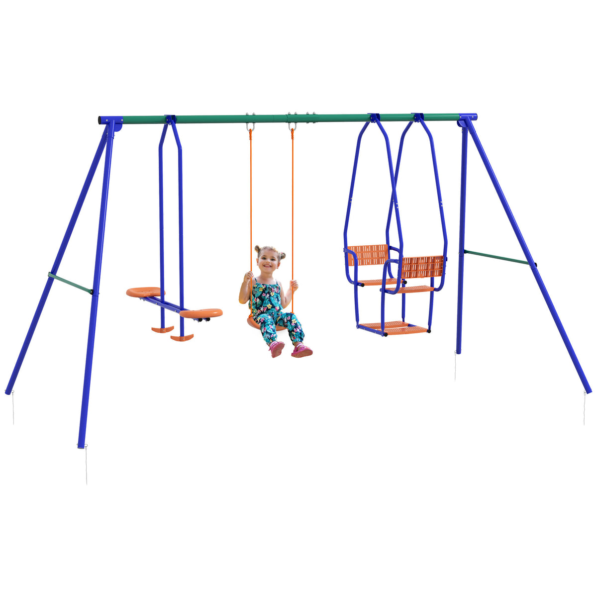 Outsunny Three-In-One Kids Metal Swing Set with Swing, Glider, Rocking Chair Swing, for Ages 3+ years - Orange and Blue