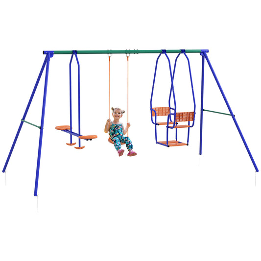 Outsunny Three-In-One Kids Metal Swing Set with Swing, Glider, Rocking Chair Swing, for Ages 3+ years - Orange and Blue