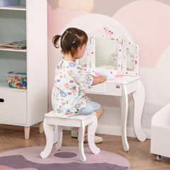 HOMCOM Kids Vanity Table & Stool Girls Dressing Set Make Up Desk Chair Dresser Play Set with Rotatable Mirrors Drawer Star & Heart Pattern White