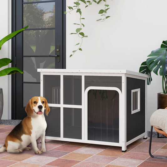 PawHut Wooden Dog House Outdoor with Asphalt Openable Top, Removable Floor, Clear Front Panel, Curtain, 103 x 77 x 83cm