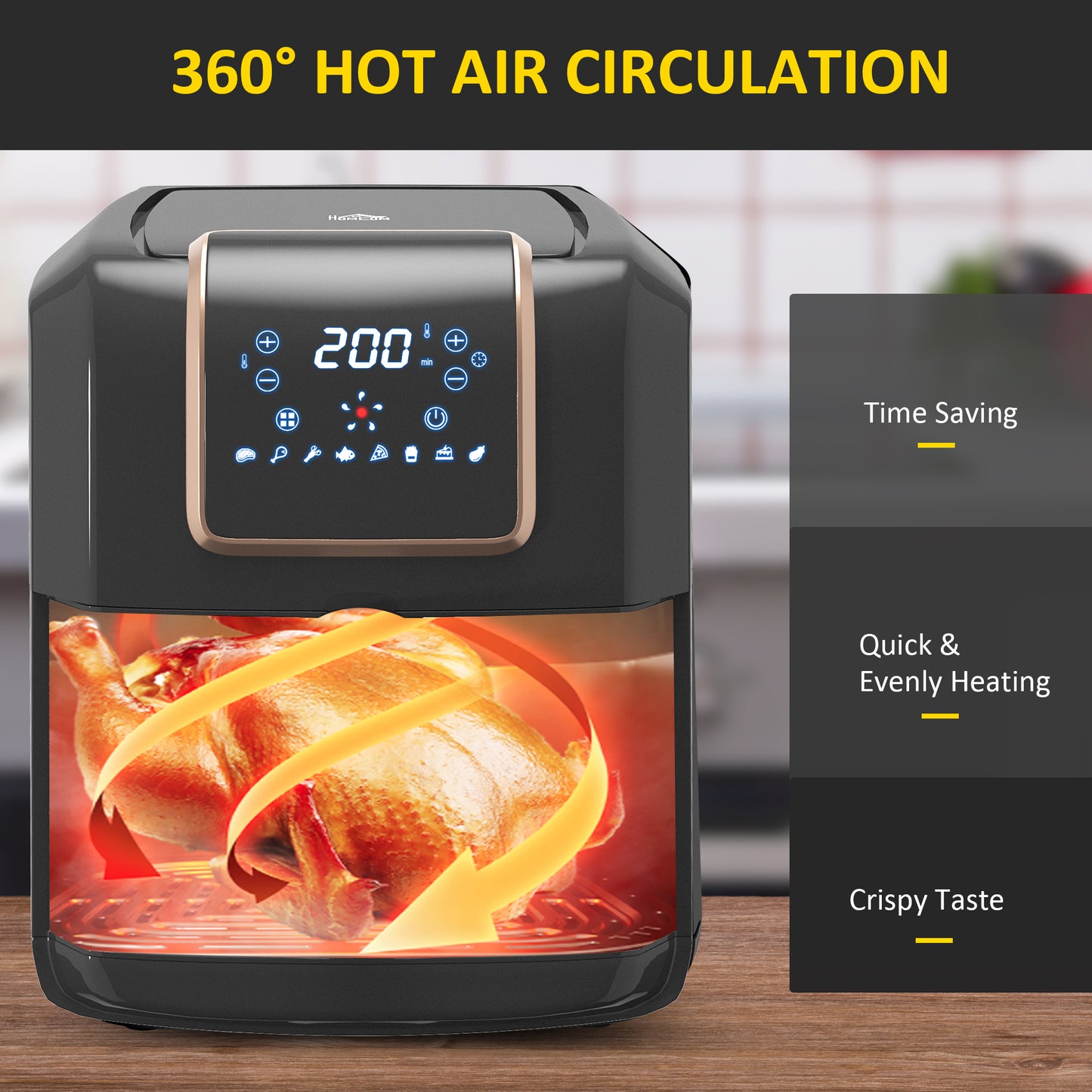 HOMCOM 6.5L Single Basket Air Fryer, 80-200√Ç¬∞C Temperature, Black and Gold Tone