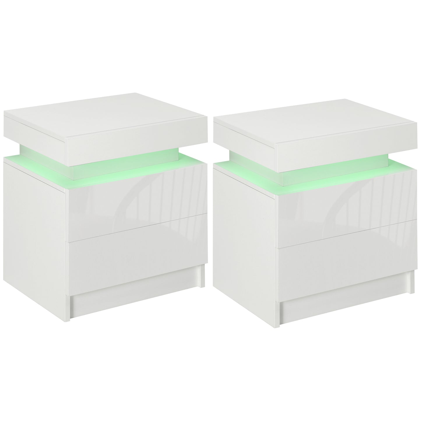 HOMCOM Set of 2 White Bedside Tables with LED Lights, High Gloss Front Nightstands with 4 Drawers