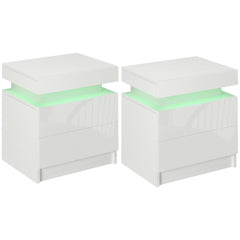 HOMCOM Set of 2 White Bedside Tables with LED Lights, High Gloss Front Nightstands with 4 Drawers