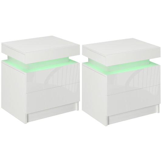 HOMCOM Set of 2 White Bedside Tables with LED Lights, High Gloss Front Nightstands with 4 Drawers