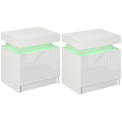 HOMCOM White Bedside Table with LED Light, High Gloss Front Nightstand with 2 Drawers, for Living Room, Bedroom