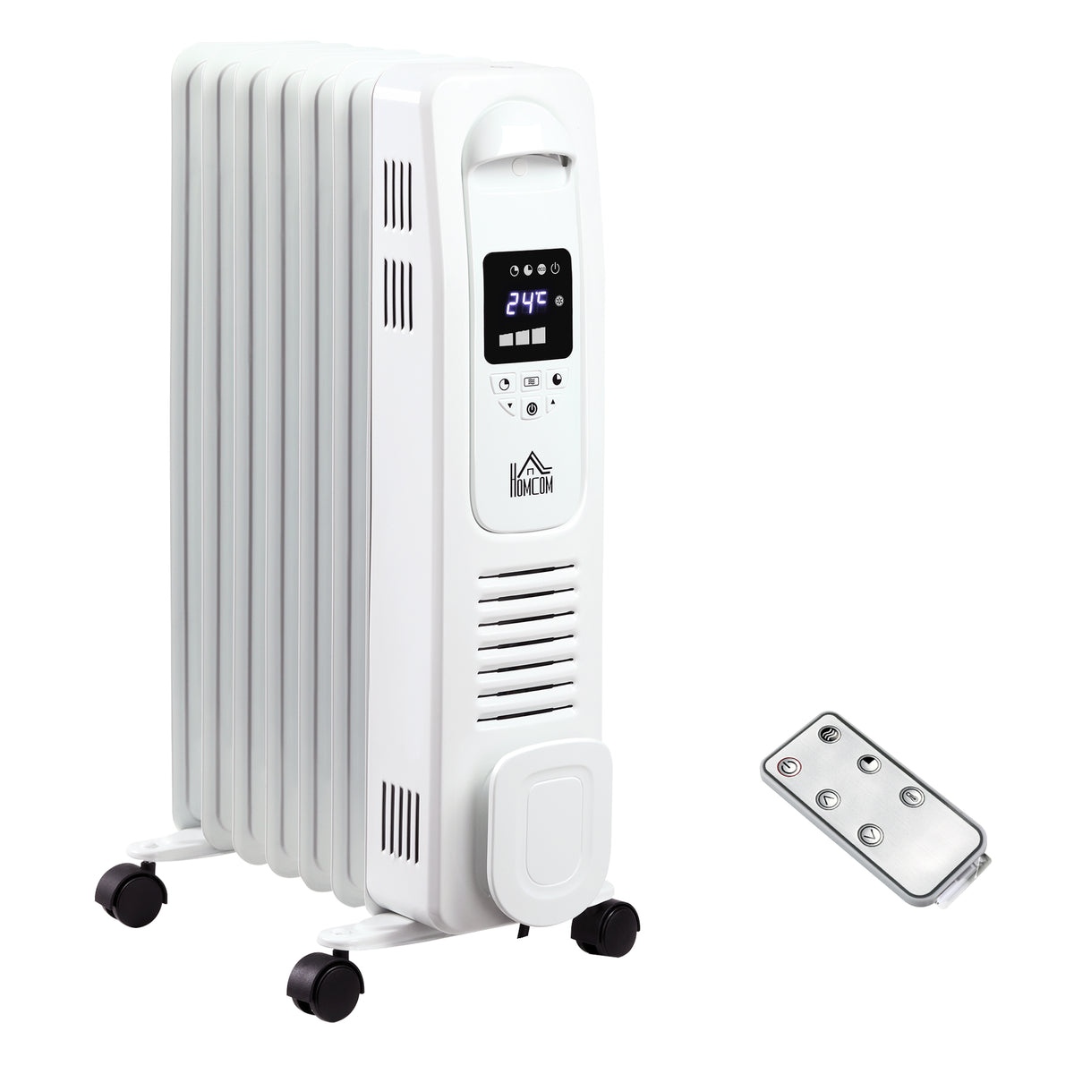 HOMCOM 1500W Digital Oil Filled Radiator, 7 Fin, Portable Electric Heater with LED Display, Built-in Timer, 3 Heat Settings, Safety Cut-Off and Remote Control, White