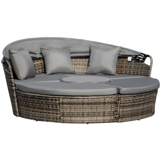 Outsunny Outdoor PE Rattan Garden Furniture with Cushioned, Patio Wicker Conversation Furniture Set, Round Daybed with Retractable Canopy, Coffee Table and Three Pillows, Dark Grey