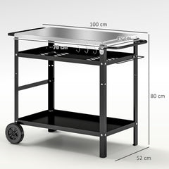 Outsunny BBQ Trolley with Stainless Steel Top Adjustable Shelf, Outdoor Kitchen BBQ Station with Hooks Seasoning Tray Towel Rack, Pizza Oven Table Movable Outdoor Grill Dining Cart with Cover, Black