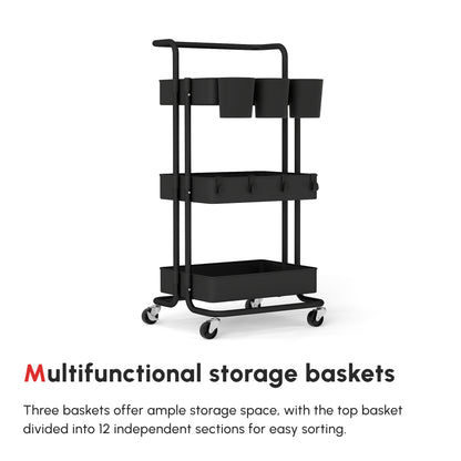 HOMCOM Three-Tier Home Trolley, with Handle and Wheels - Black