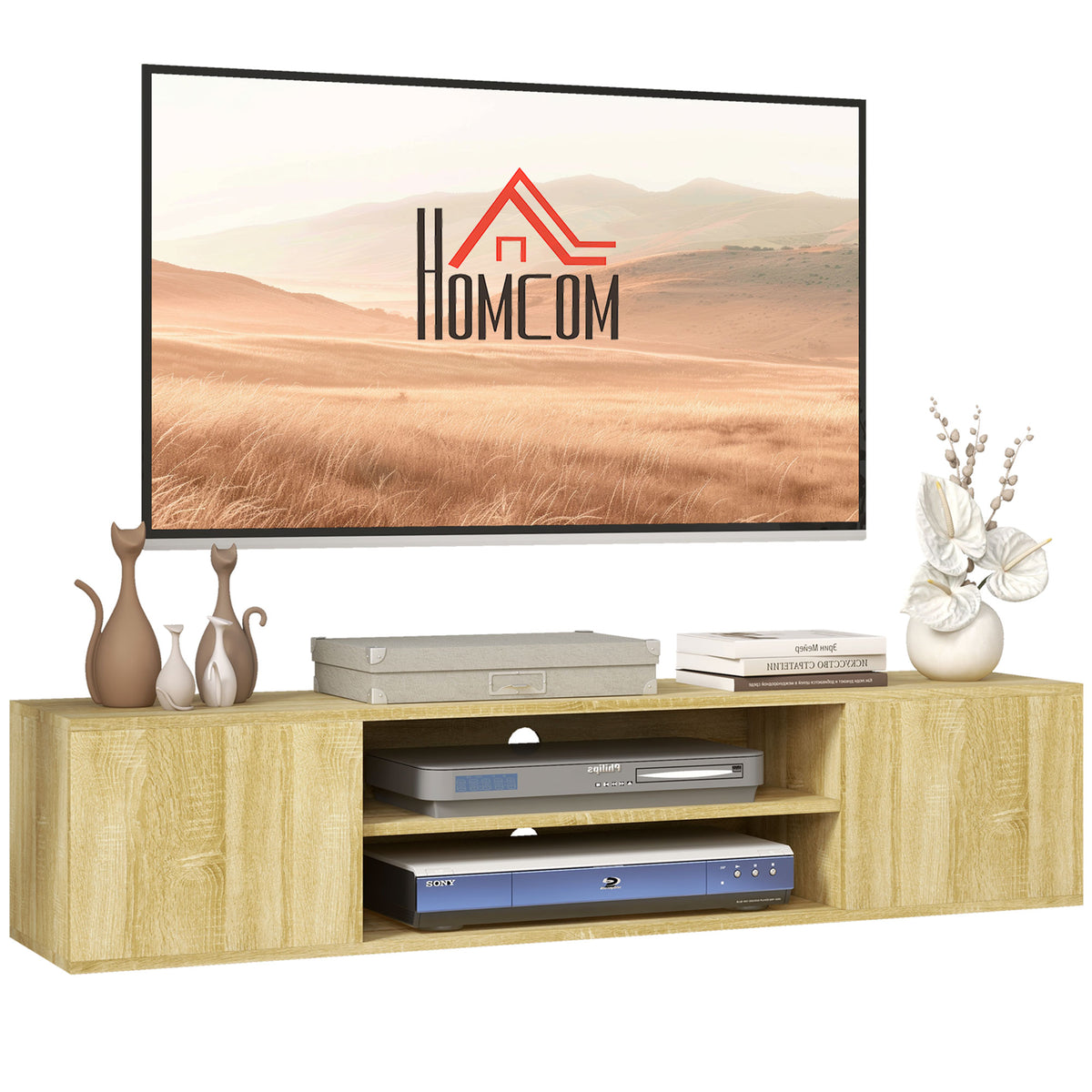 HOMCOM Floating TV Stand Cabinet for TVs up to 60", Wall Mounted TV Unit with Open Shelf, Storage Cupboards and Cable Management for Living Room, Natural Wood Effect