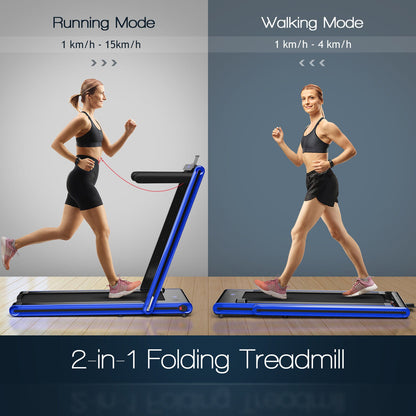 2-in-1 Folding Under Desk Treadmill with Dual LED Display-Blue