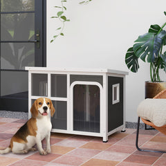 PawHut Wooden Dog House Outdoor with Asphalt Openable Top, Removable Floor, Clear Front Panel, Curtain, 90 x 62 x 71cm