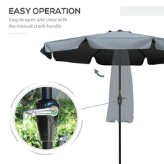 Outsunny 2.7m Patio Parasol Garden Umbrellas Outdoor Sun Shade Table Umbrella with Tilt, Crank, 8 Ribs, Ruffles, Grey