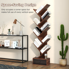 10-Tier Tree Bookshelf with Drawer with Anti-Tipping Kit-Brown