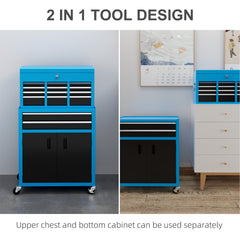 HOMCOM Portable Tool Box, Metal Tool Chest on Wheels with 6 Drawers for Garage and Workshop, Blue