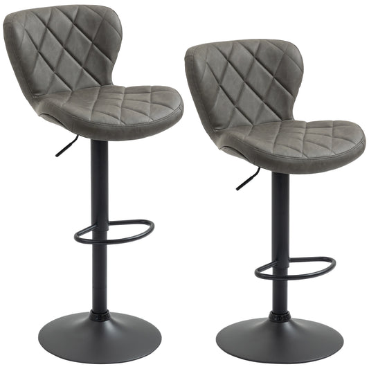 HOMCOM Bar Stools, Set of 2 Breakfast Bar Chairs, Swivel Barstools with Backrest and Footrest, Steel Frame Diamond Pattern PU, for Kitchen Counter, Dining Room, Dark Grey