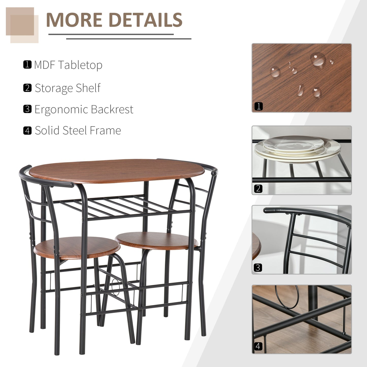 HOMCOM 3-Piece Dining Table Set , Metal Frame Wood Top Breakfast Bar Table Set for 2, Dining Table w/Storage Shelf & 2 chairs