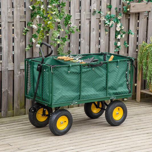 Outsunny Large 4 Wheel Heavy Duty Garden Cart Truck Trolley Wheelbarrow with Handle and Metal Frame - Green