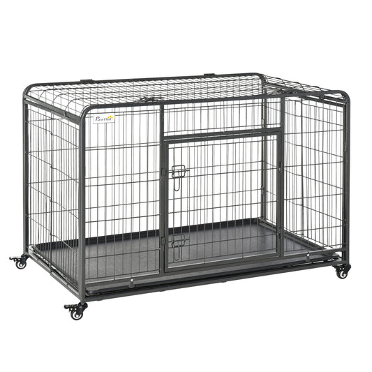 PawHut Metal Dog Cage Kennel Locking Door & Wheels Removable Tray Openable Top For Extra Large Pets 125 x 76 x 81 cm