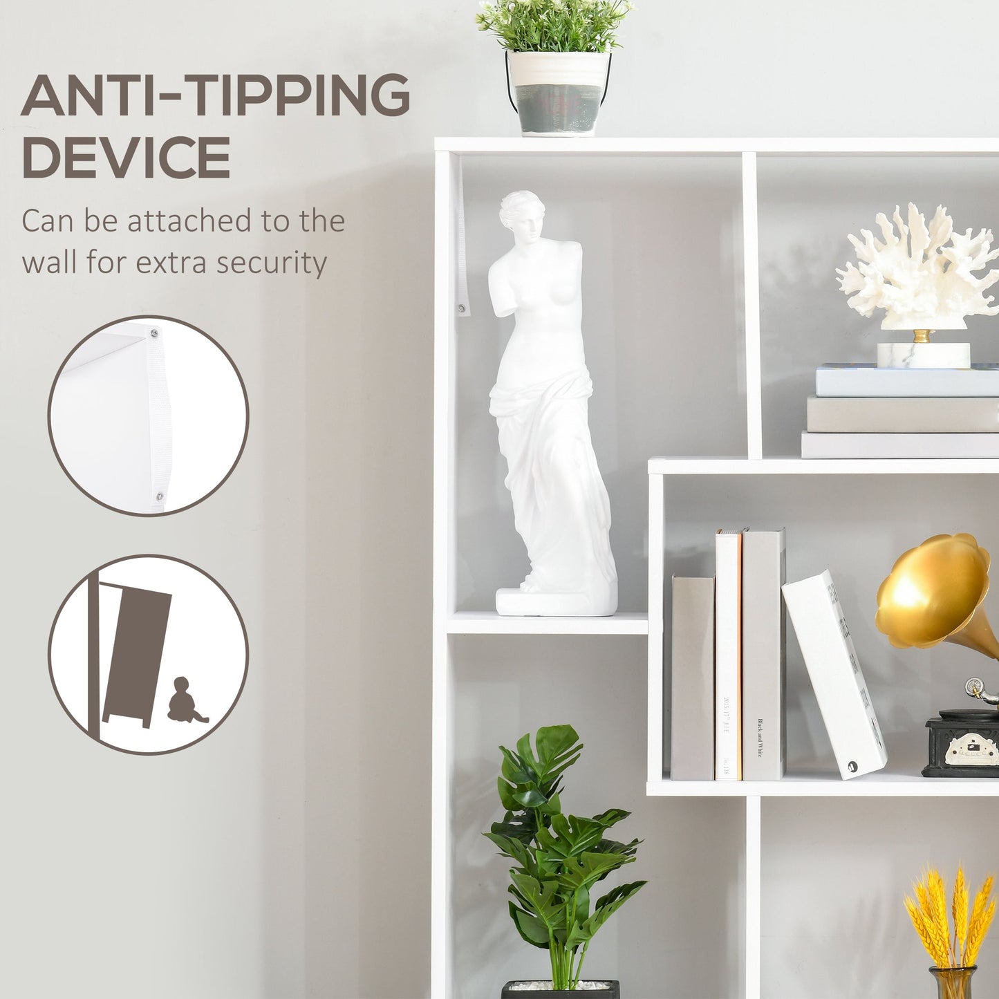 HOMCOM 8-Tier Freestanding Bookcase w/ Melamine Surface Anti-Tipping Foot Pads Home Display Storage Grid Stand Bedroom Living Room Furniture Modern Style - White