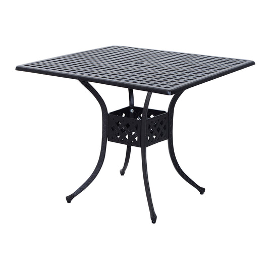 Outsunny 90cm Square Garden Table with Umbrella Hole, Aluminium Grid Motif Outdoor Dining Table for Garden Patio, Black